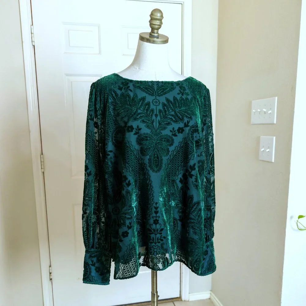 Soft Surroundings Emerald Green Burnout Velvet Blouse Size L Floral Poet Sleeve - Picture 2 of 8